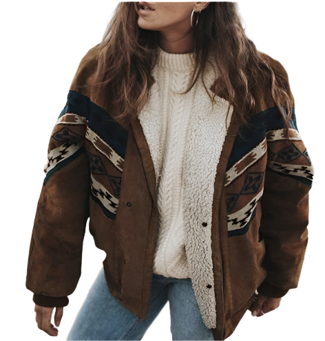 Selaya Boho Jacket – Oversized Damesjack met Tribale Print en Warme Voering