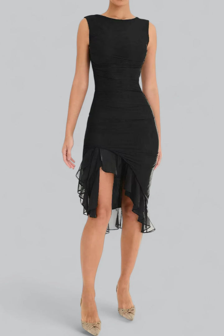 Delara Elegante Midi Jurk – Luxe Geplooide Jurk met Asymmetrisch Design