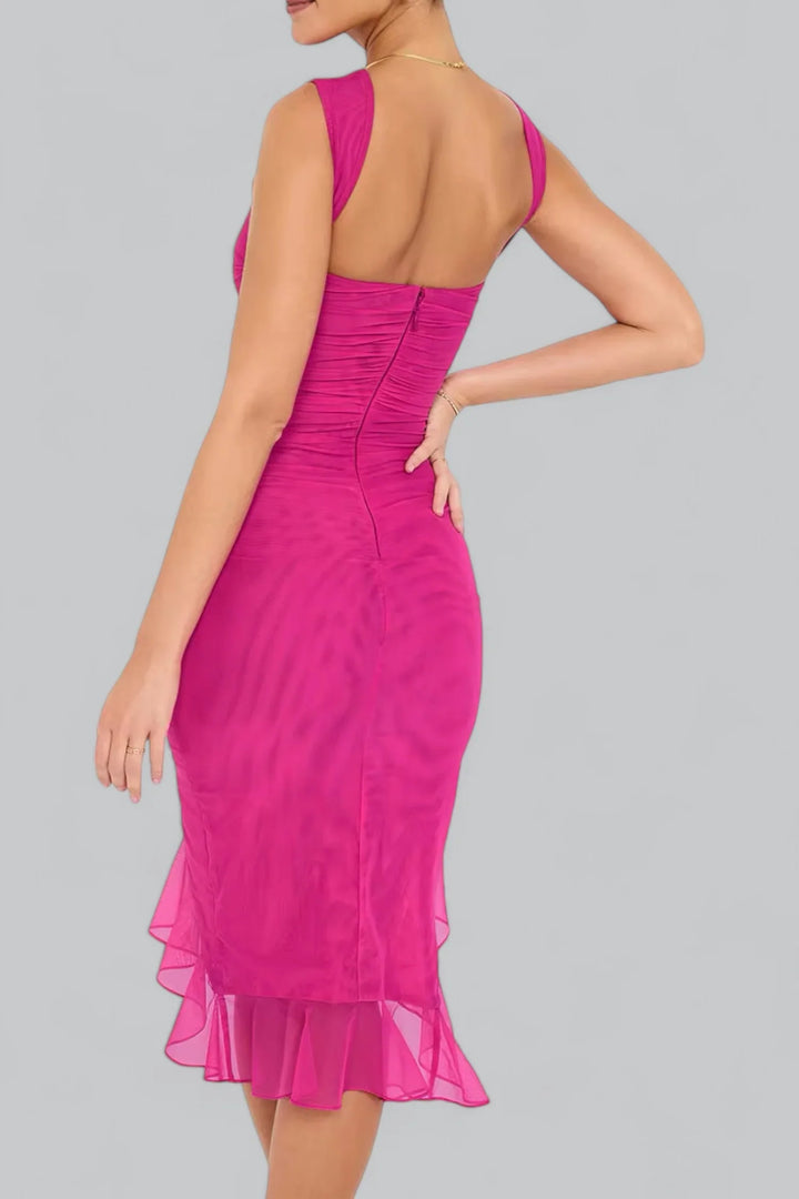 Delara Elegante Midi Jurk – Luxe Geplooide Jurk met Asymmetrisch Design