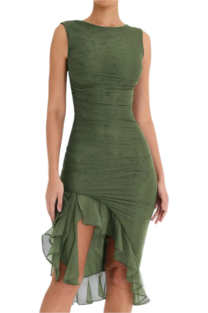 Delara Elegante Midi Jurk – Luxe Geplooide Jurk met Asymmetrisch Design