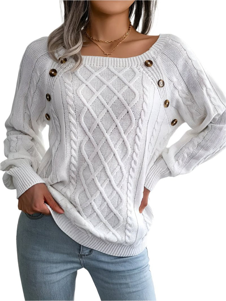 Meriva Gebreide Dames Pullover – Tijdloze Trui met Ronde Hals en Knoopdetails