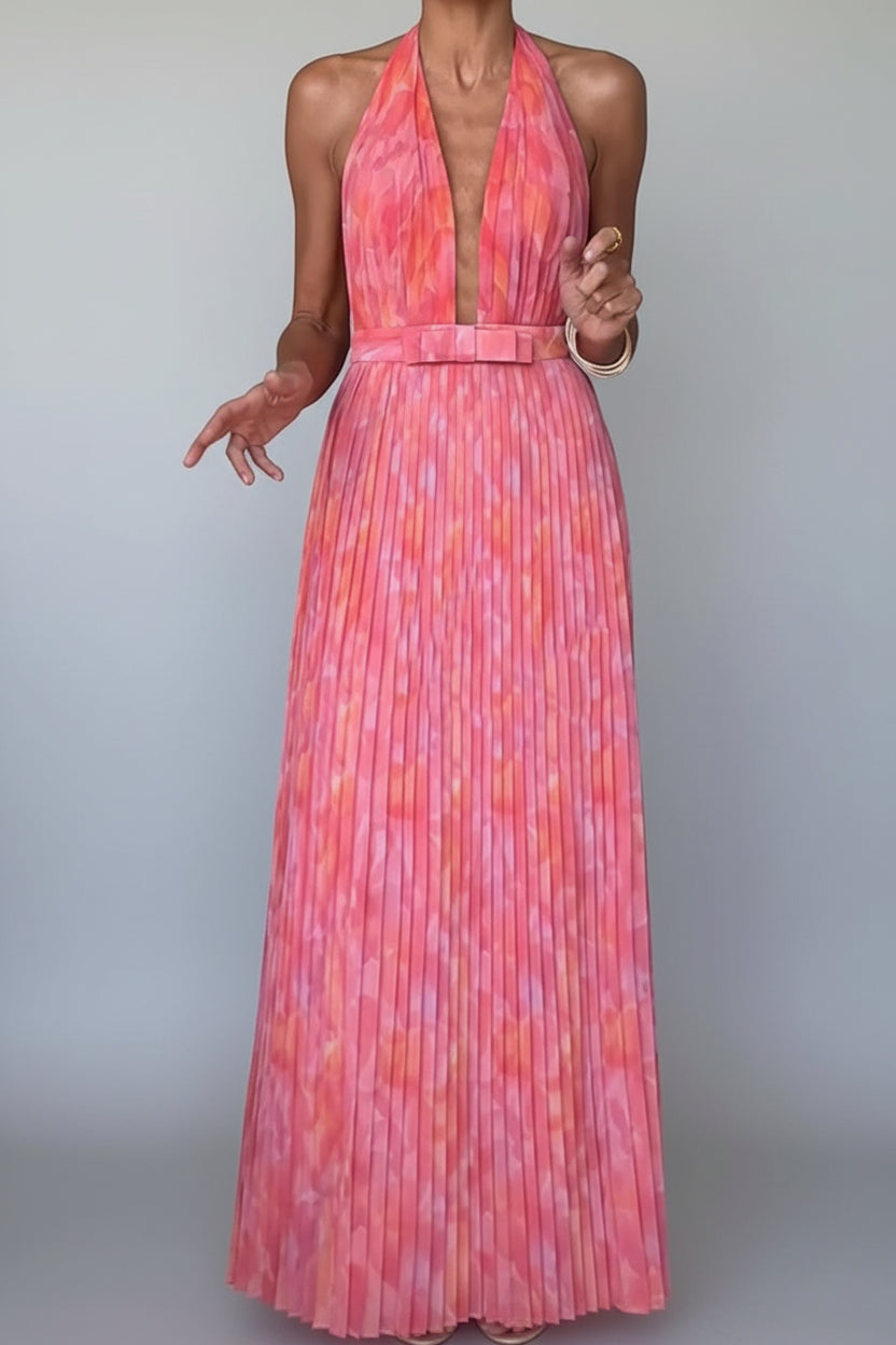 Elyora | Robe Maxi Plissée à Col Halter Imprimé