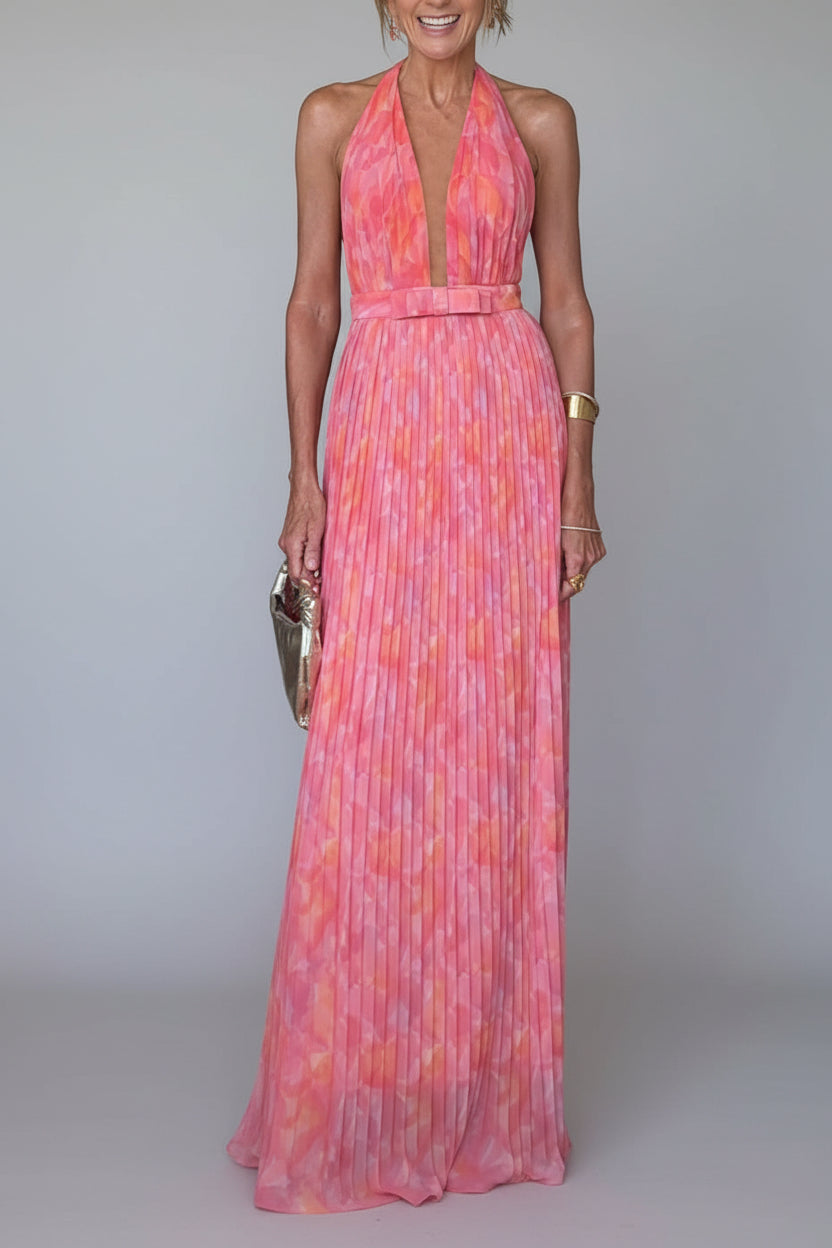 Elyora | Robe Maxi Plissée à Col Halter Imprimé