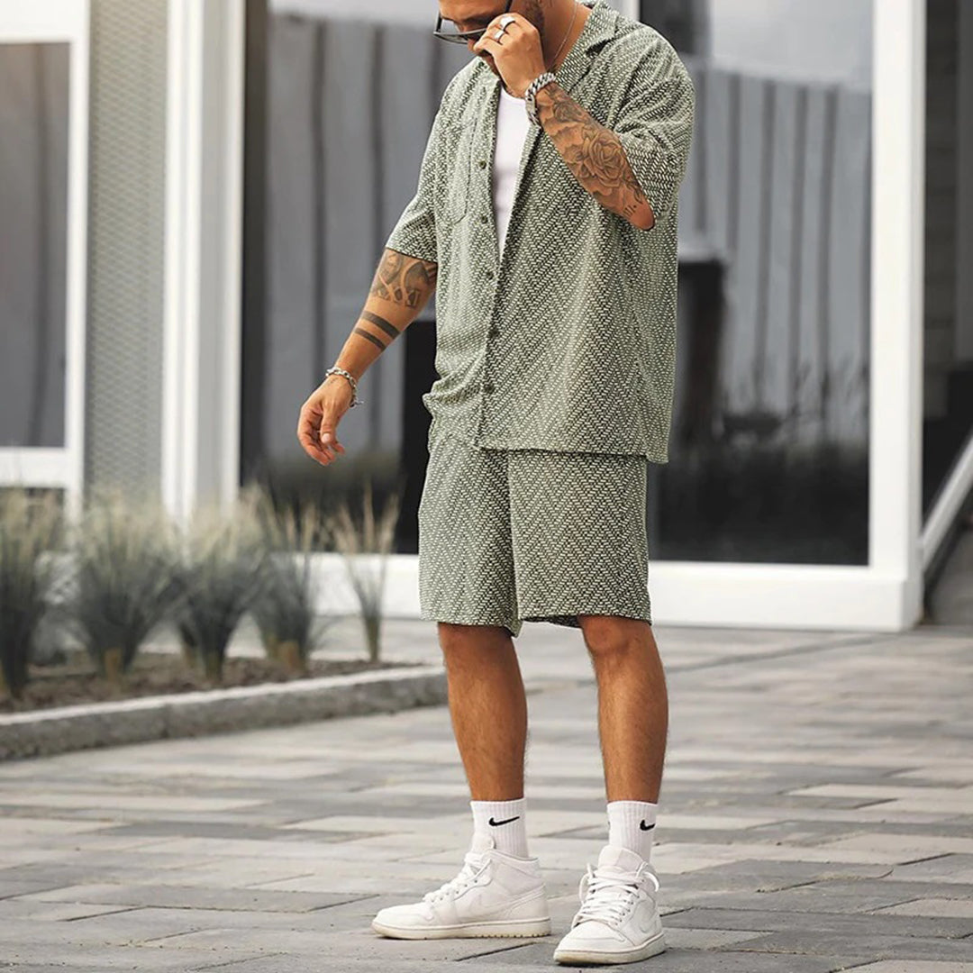 Naviro Heren Zomerset – Luxe Shirt &amp; Shorts Set met Grafisch Patroon en Relaxte Pasvorm