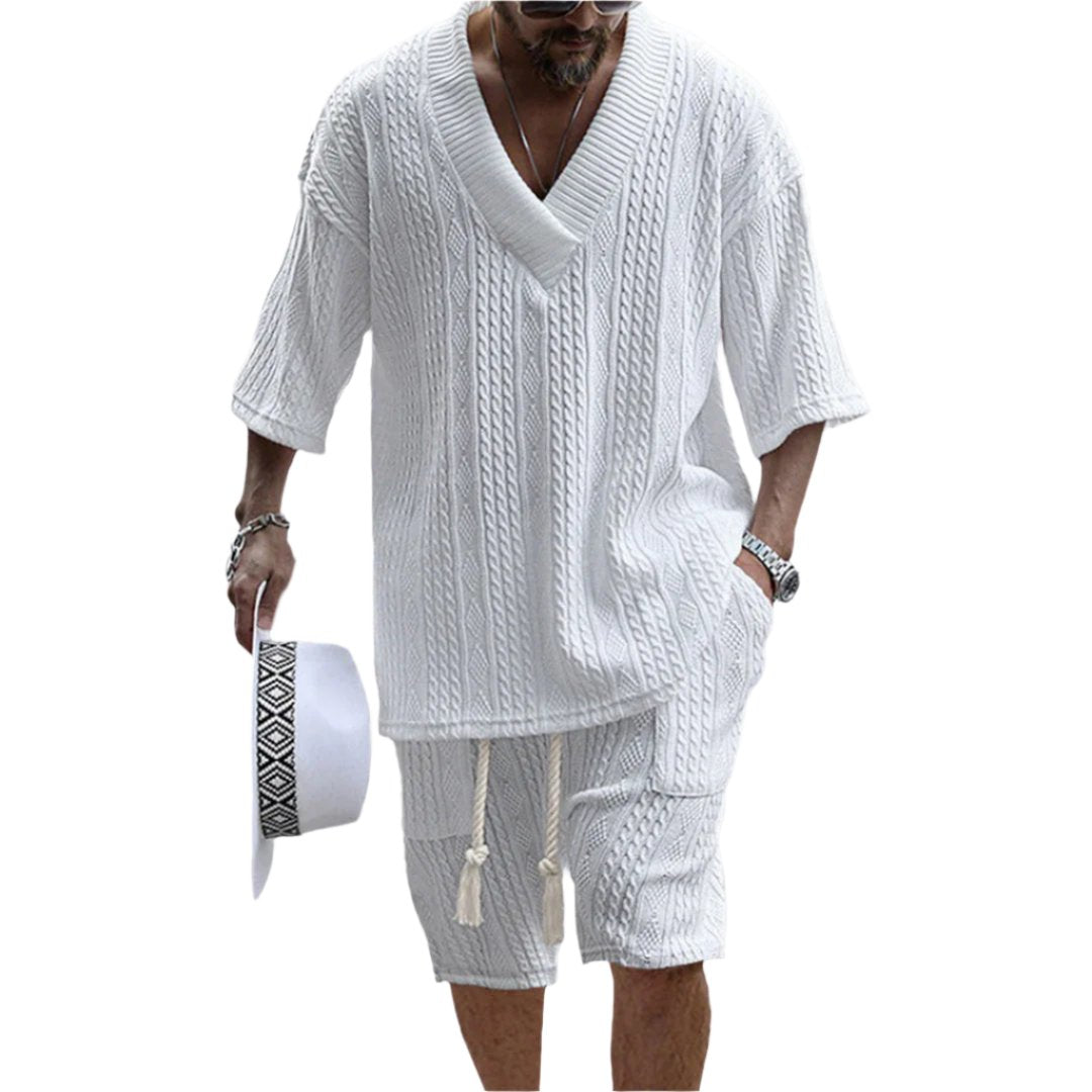 Lazaro Heren Zomerset – Gebreide Lounge Set met Diepe V-Hals en Shorts in Wafelstructuur