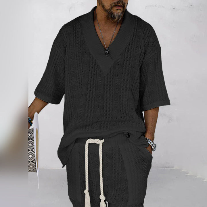 Lazaro Heren Zomerset – Gebreide Lounge Set met Diepe V-Hals en Shorts in Wafelstructuur