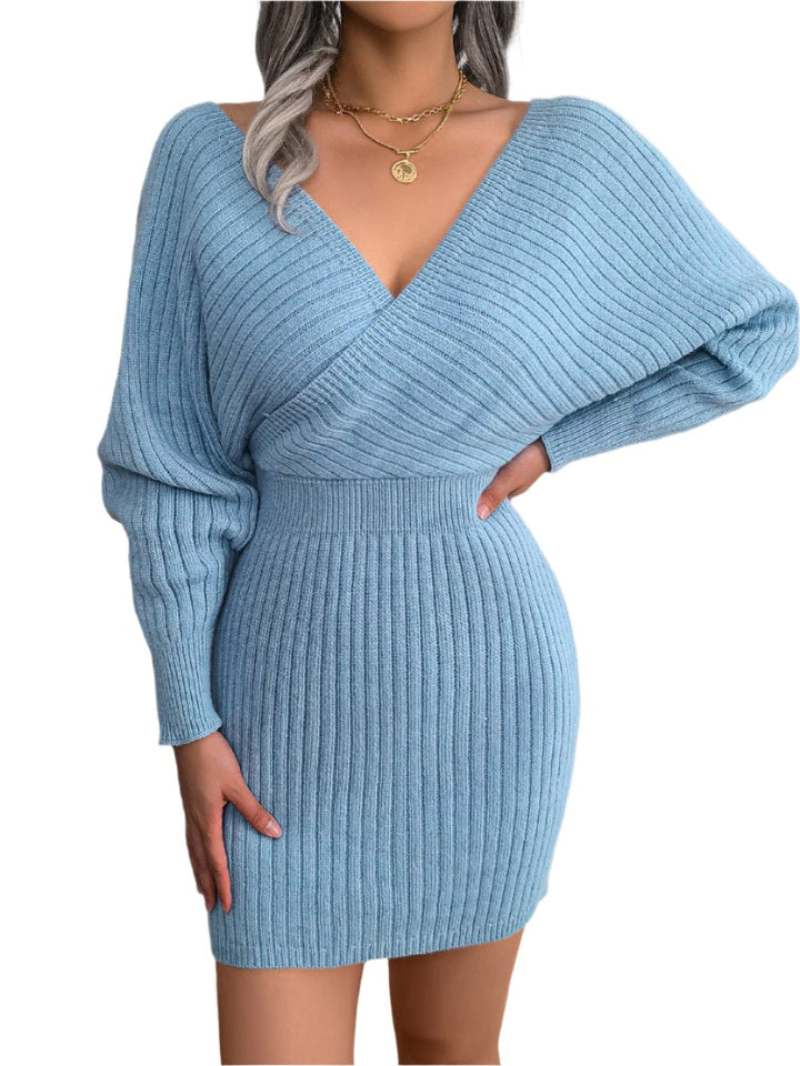 Esmira Gebreide Jurk – Elegante Wikkeljurk met V-Hals en Lange Mouwen