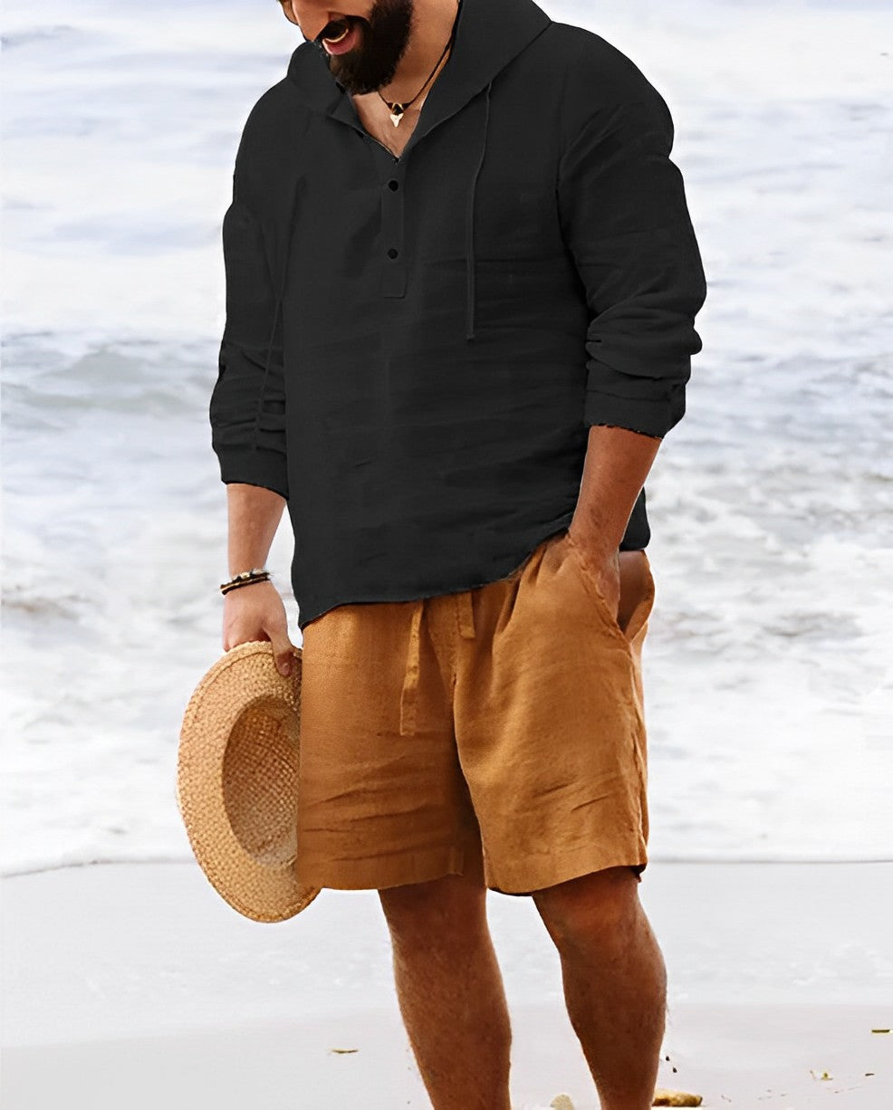 Santino – Linnen Hoodie Met Korte Knopenrij Voor Heren