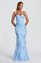 Louise – Robe longue ajustée sans manches avec bretelles à ruban floral