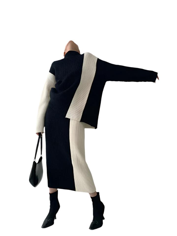 Kathy Limited Edition Knitwear – Asymmetrische damestrui in zwart-crème design