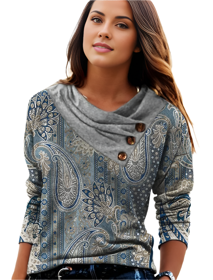 Celina Top – Dames Top met Paisleyprint en Asymmetrische Kraag