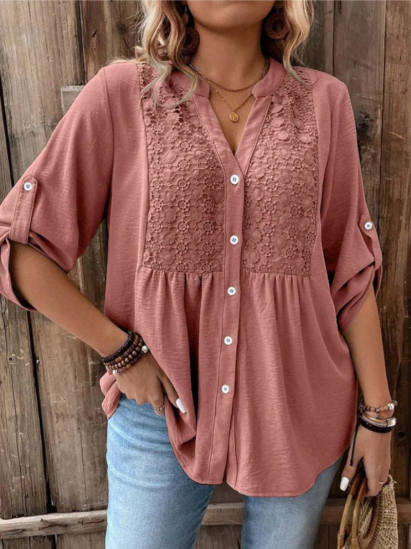 Noélie | Blouse Fluide à Col V Boutonné (Grande Taille)
