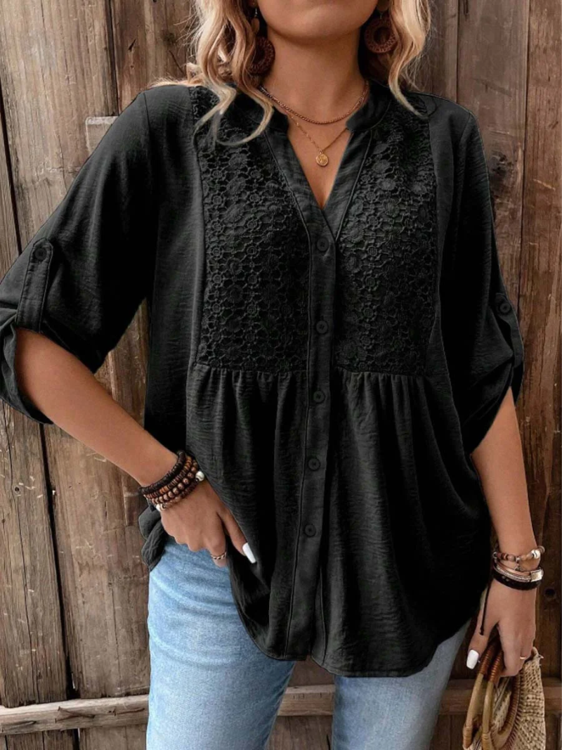 Noélie | Blouse Fluide à Col V Boutonné (Grande Taille)