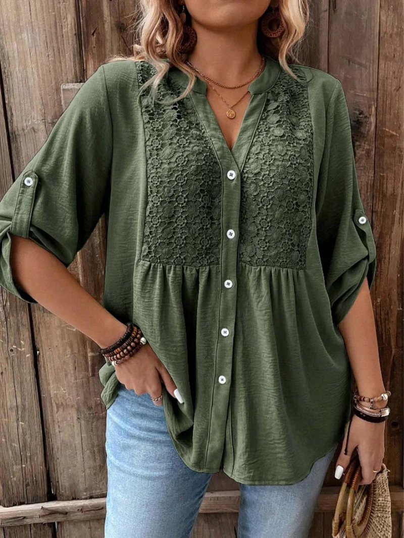 Noélie | Blouse Fluide à Col V Boutonné (Grande Taille)