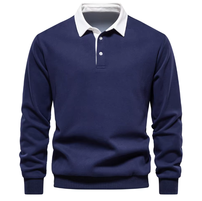 Beige Herentrui met Witte Kraag – Tijdloze Trui met Elegante Details en Comfortabele Pasvorm