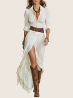 Amandine | Robe longue ceinturée à revers plissés