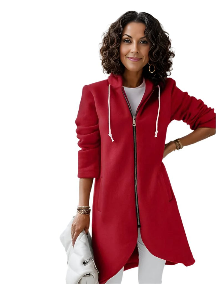 Zamira Cardigan – Rode Hoodie Vest met Asymmetrische Zoom en Comfortabele Pasvorm