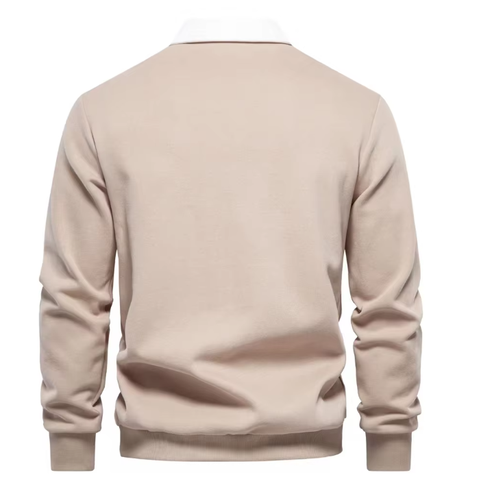 Beige Herentrui met Witte Kraag – Tijdloze Trui met Elegante Details en Comfortabele Pasvorm