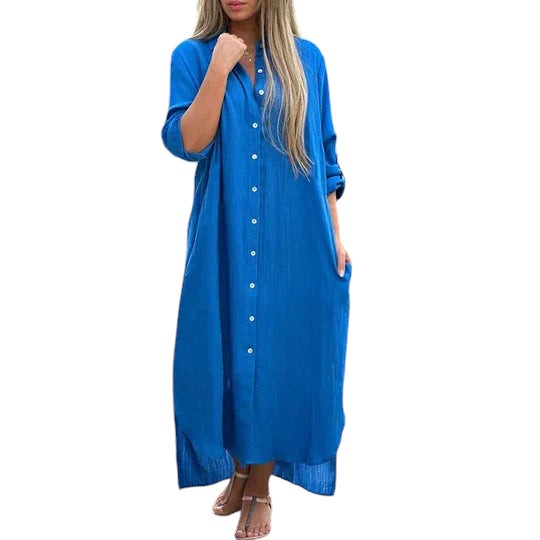 Anne dames maxi jurk – luchtige katoen-linnen jurk met knopen en kraag