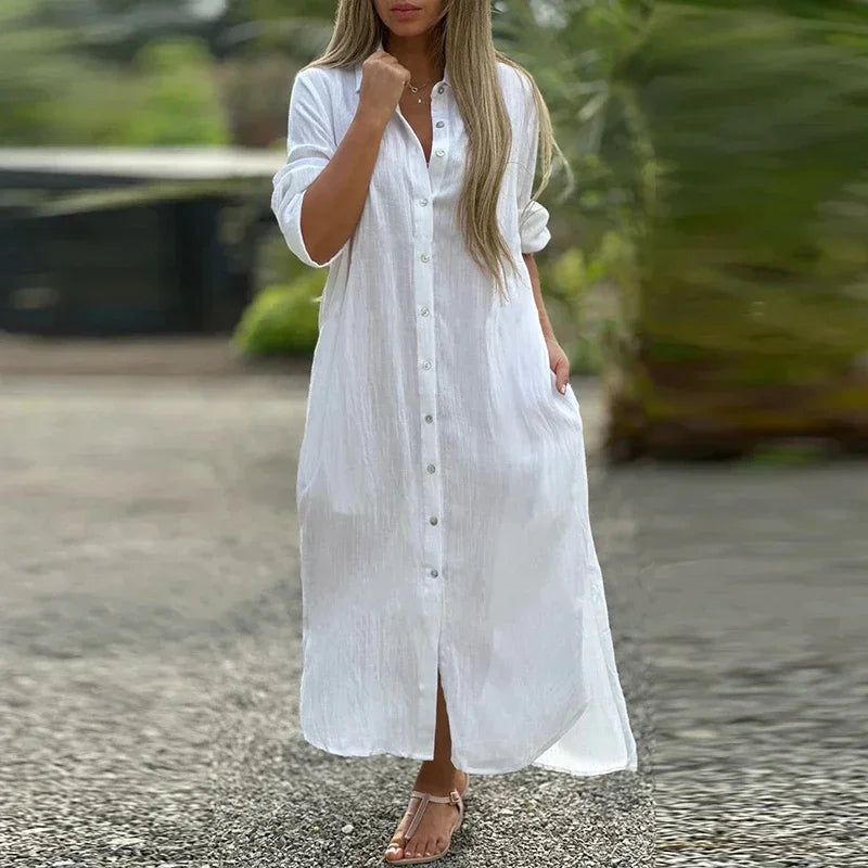 Anne dames maxi jurk – luchtige katoen-linnen jurk met knopen en kraag