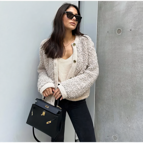 Jacky Lammywol Cardigan – Warme Damesvest met Luxe Look en Losvallende Pasvorm