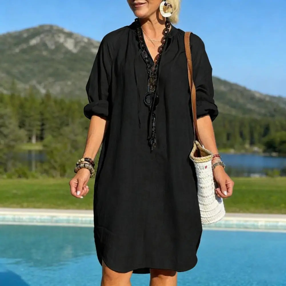 Aline | Robe Longue Coton & Lin Col V