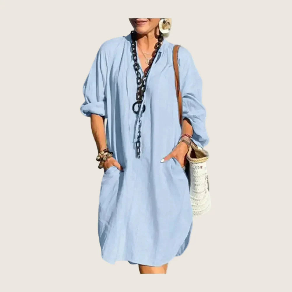 Aline | Robe Longue Coton & Lin Col V