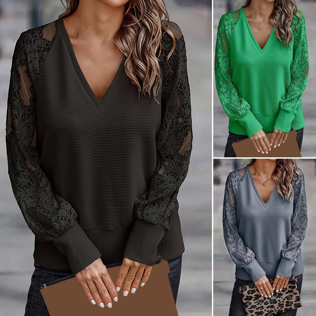 Jovy dames top met V-hals – elegante blouse met lange mouwen en vloeiende stof