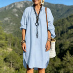 Aline | Robe Longue Coton & Lin Col V