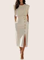 Sophie | Robe midi ajustée à boutons dorés