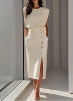 Sophie | Robe midi ajustée à boutons dorés