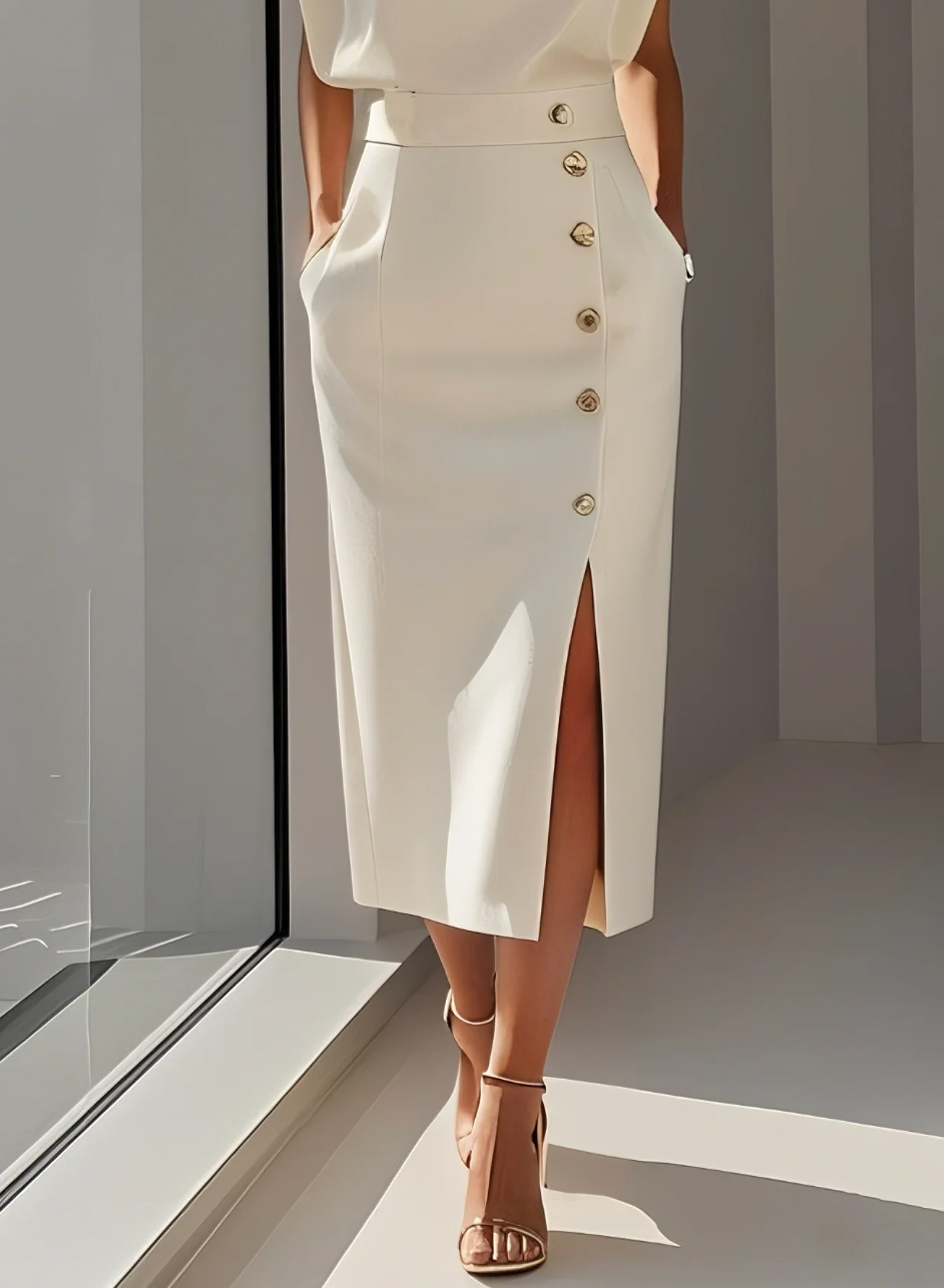 Sophie | Robe midi ajustée à boutons dorés