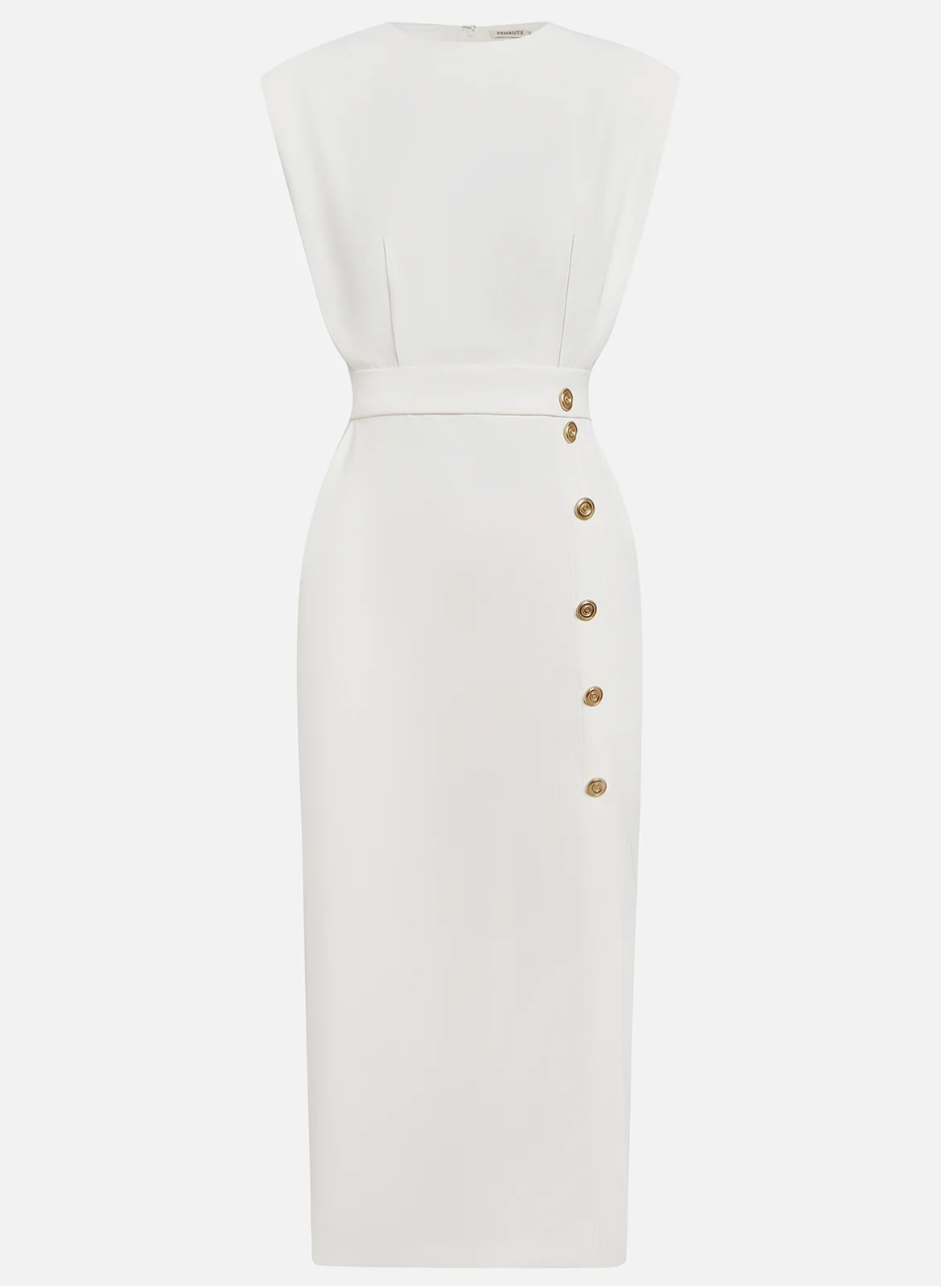 Sophie | Robe midi ajustée à boutons dorés