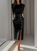 Sophie | Robe midi ajustée à boutons dorés