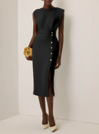 Sophie | Robe midi ajustée à boutons dorés