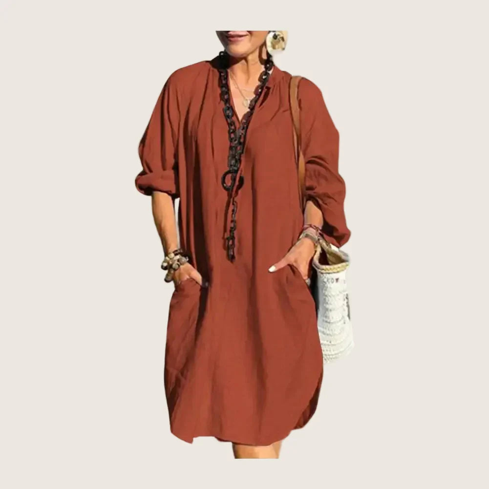 Aline | Robe Longue Coton & Lin Col V