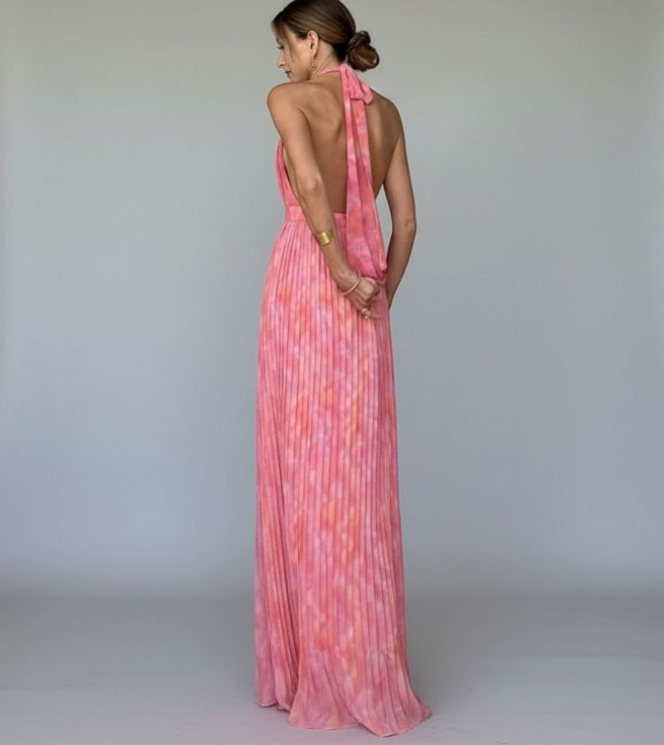 Elyora | Robe Maxi Plissée à Col Halter Imprimé