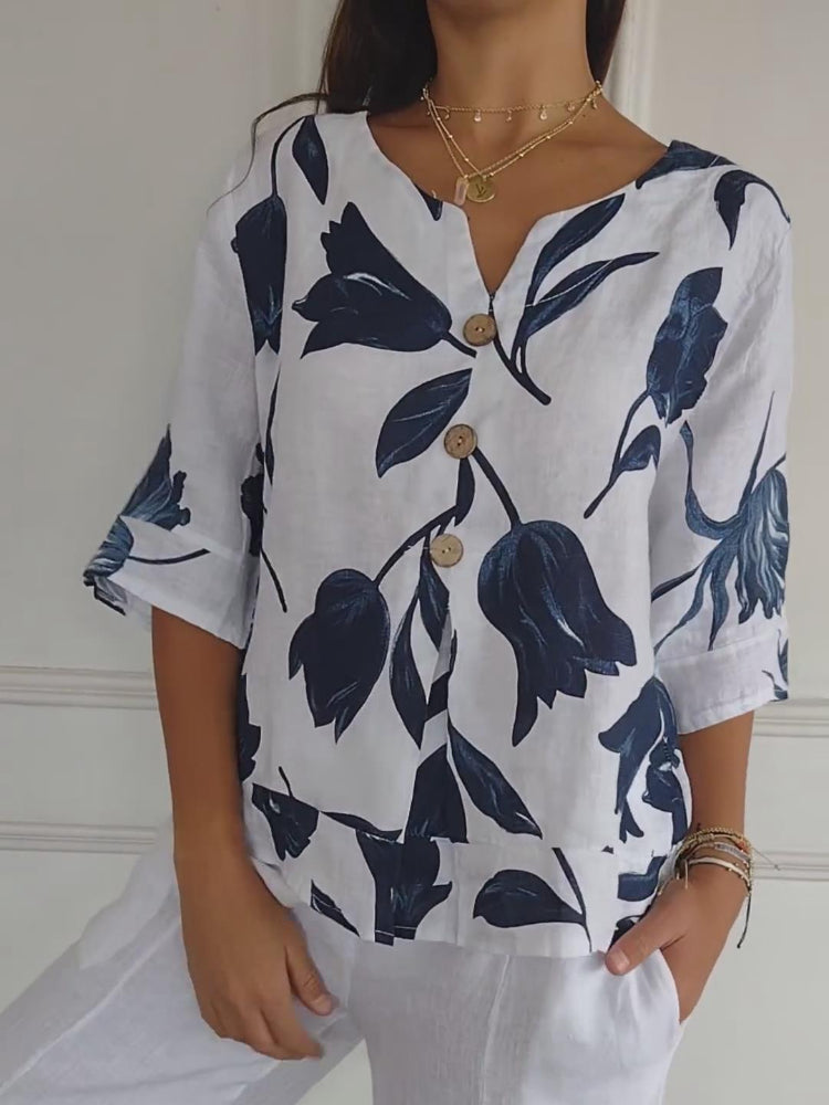 Linéa | Blouse Fluide à Col V Imprimé