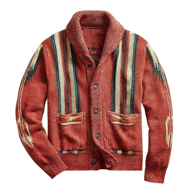 Abram Vintage Jacquard Gebreide Cardigan – Retro Herencardigan met Sjaalkraag en Tijdloze Stijl